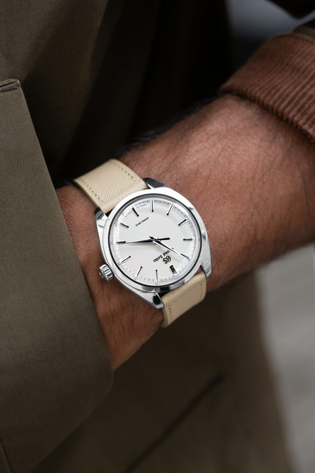 cream saffiano Molequin strap on a Grand Seiko on the wrist